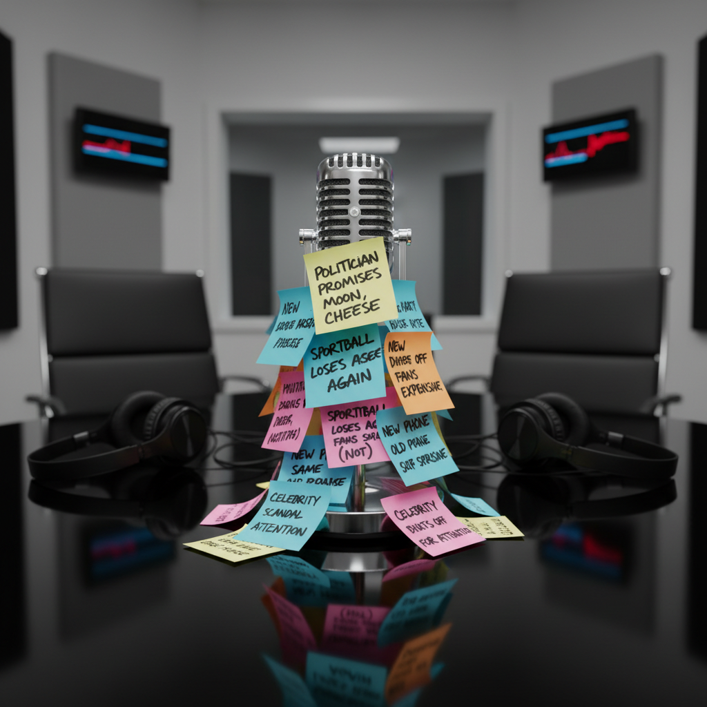 A polished chrome microphone perched on a high-gloss black podcast table, wrapped in colorful sticky notes with hand-scribbled sarcastic headlines about politics, sports, tech, and celebrity gossip. Around it sit empty swivel chairs and scattered headphones, leaving the focus entirely on the mic as the silent commentator. Soft studio lighting from overhead and behind casts a subtle rim light on the metal grill, with faint reflections of a soundproofed wall and blurred LED audio meters in the background. Photographic realism at eye level, centered composition, moderate depth of field, creating an atmosphere that feels witty, playful, and ready to roast the day’s news cycle without a single human in sight.